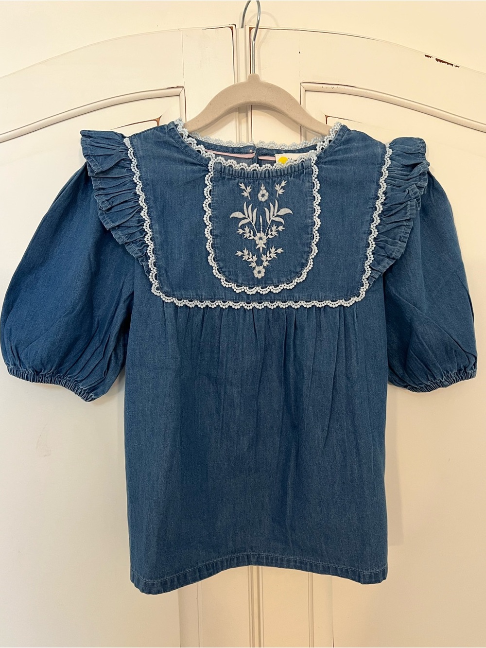 Girls' Blue Puff Sleeve Top with Embroidered Design